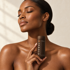 Woman with her eyes closed holding a bottle of Oratide Signal at her collarbone