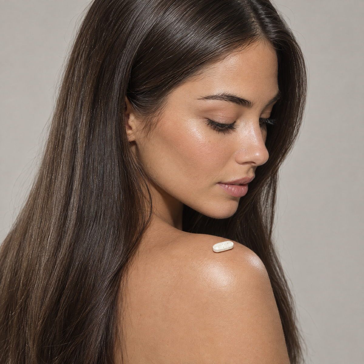 Woman in profile looking at an Anagen tablet on her shoulder