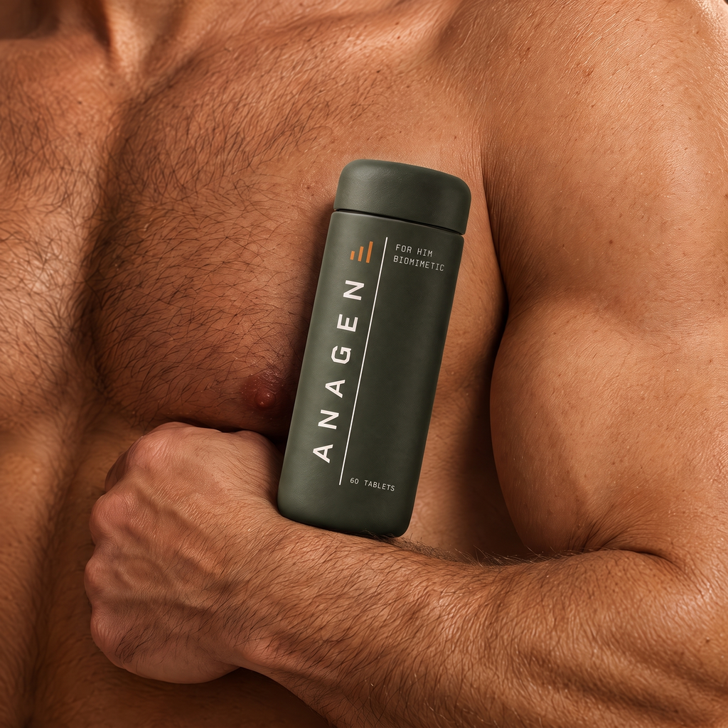 Bottle of Anagen for Him held against a man's chest