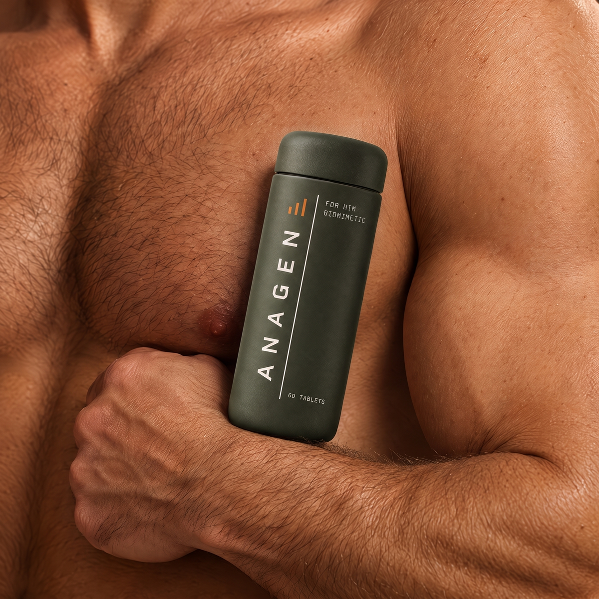 Bottle of Anagen for Him held against a man's chest