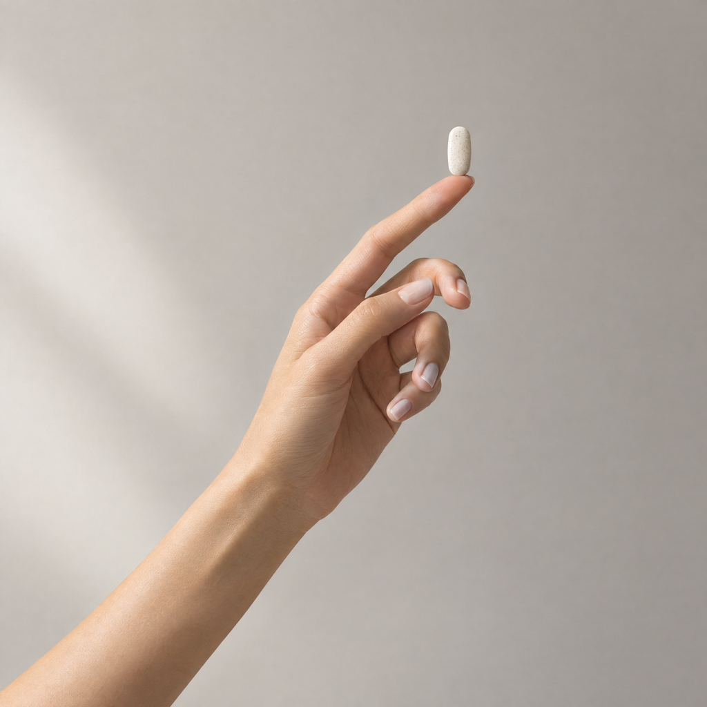 One Anagen tablet balanced on a fingertip