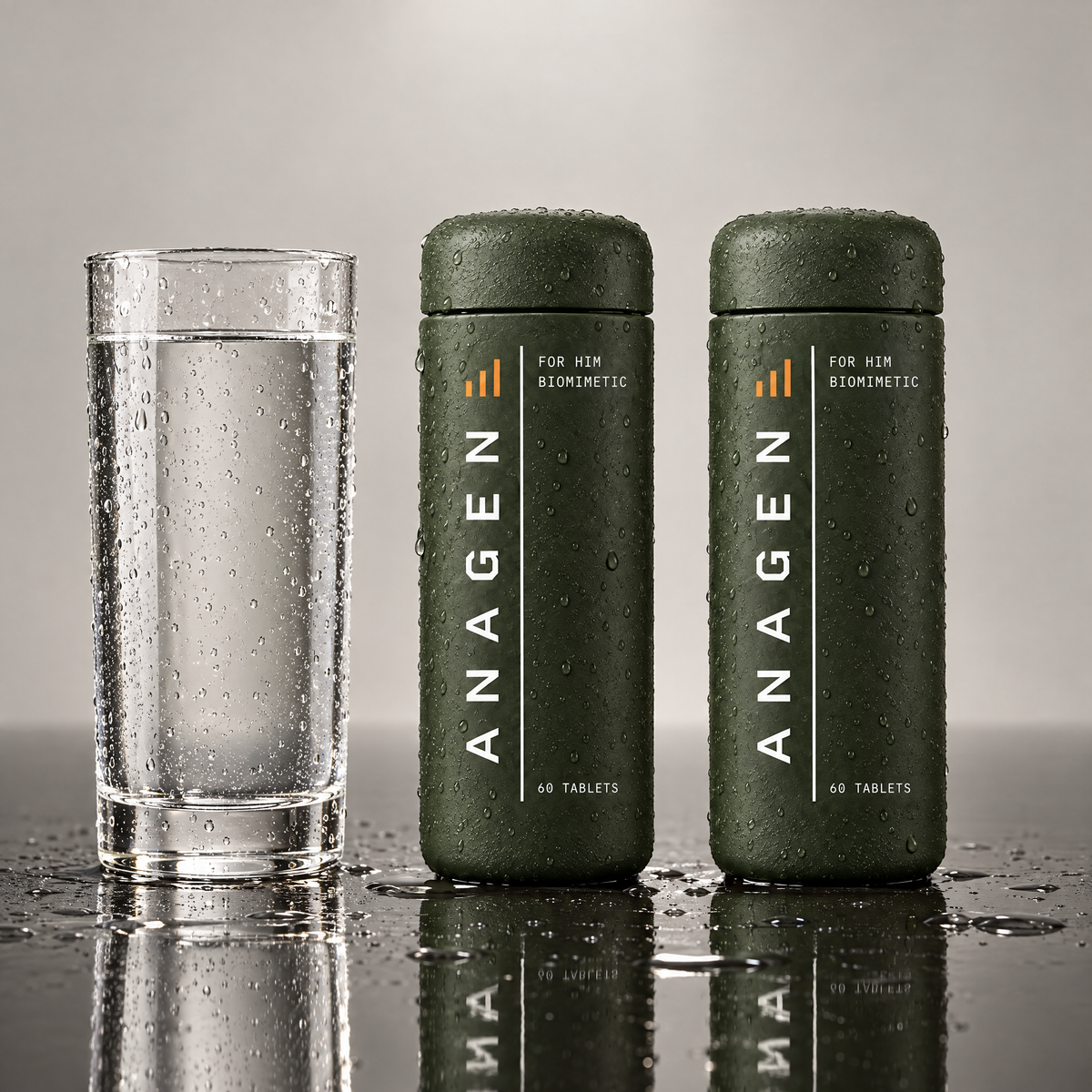 Two bottles of Anagen for Him side by side beside a glass of water