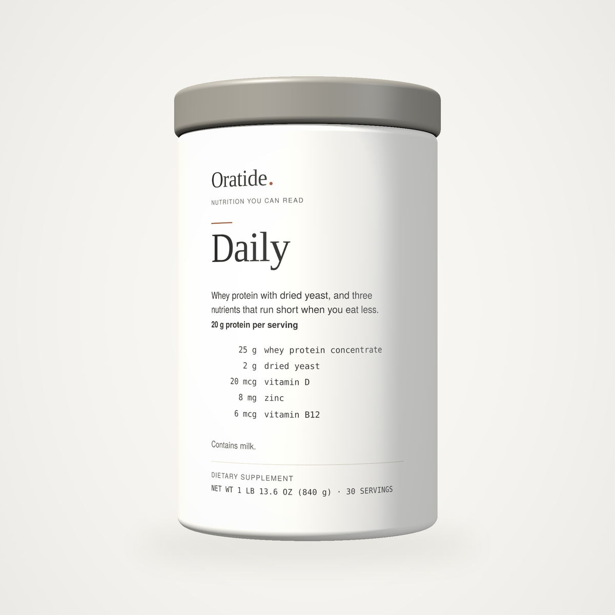 Oratide Daily, a cream 840 g canister with a grey lid, shown square-on against a plain cream background.