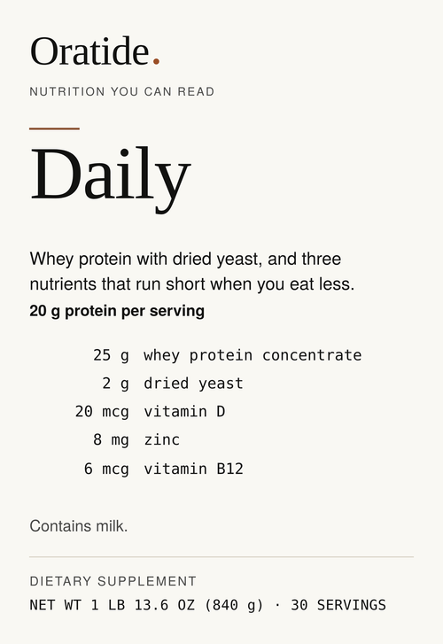 Front label of Oratide Daily, listing 25 g whey protein concentrate, 2 g dried yeast, 20 mcg vitamin D, 8 mg zinc and 6 mcg vitamin B12. Contains milk. Net wt 1 lb 13.6 oz (840 g), 30 servings.
