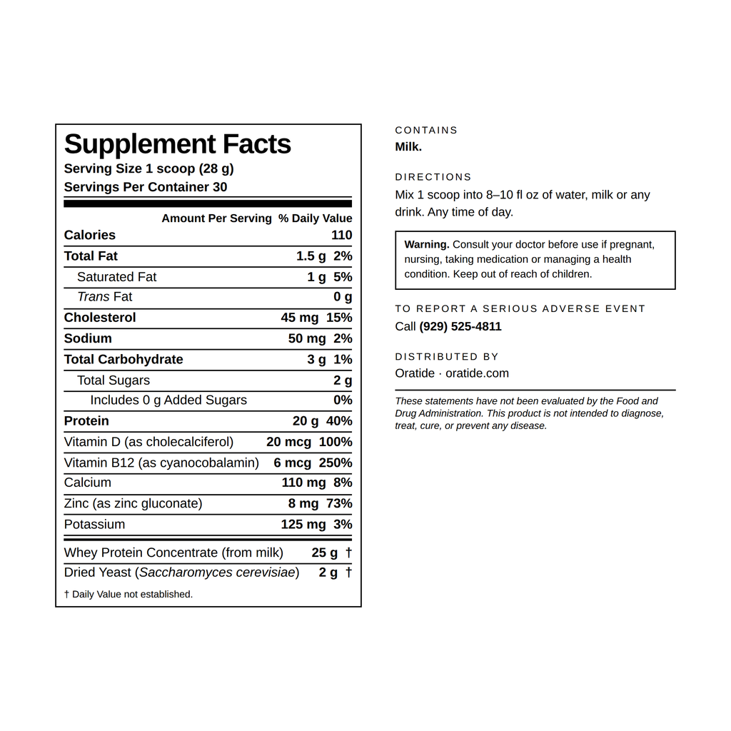 Supplement Facts panel for Oratide Daily. One 28 g scoop, 30 servings per container: 110 calories, 20 g protein at 40% Daily Value, vitamin D 20 mcg at 100%, vitamin B12 6 mcg at 250%, zinc 8 mg at 73%, calcium 110 mg at 8%, potassium 125 mg at 3%. Contains milk.
