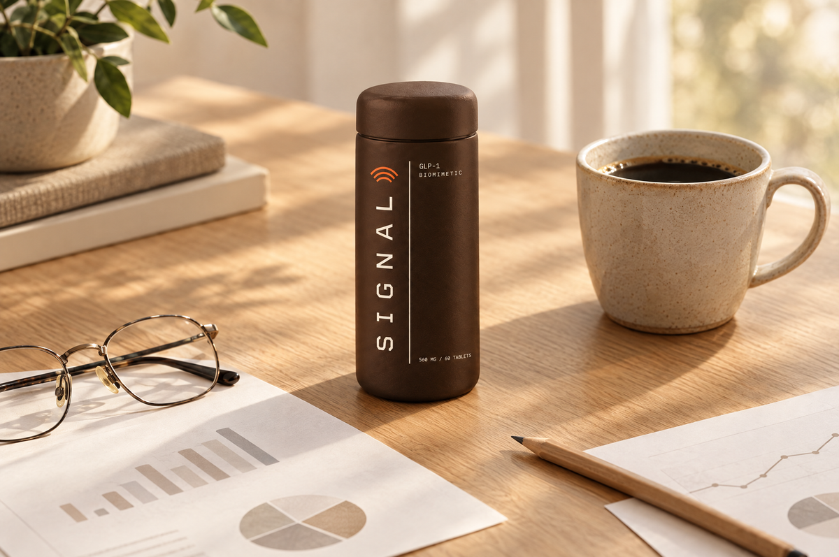 Papers, reading glasses, coffee and a bottle of Oratide Signal on an oak desk