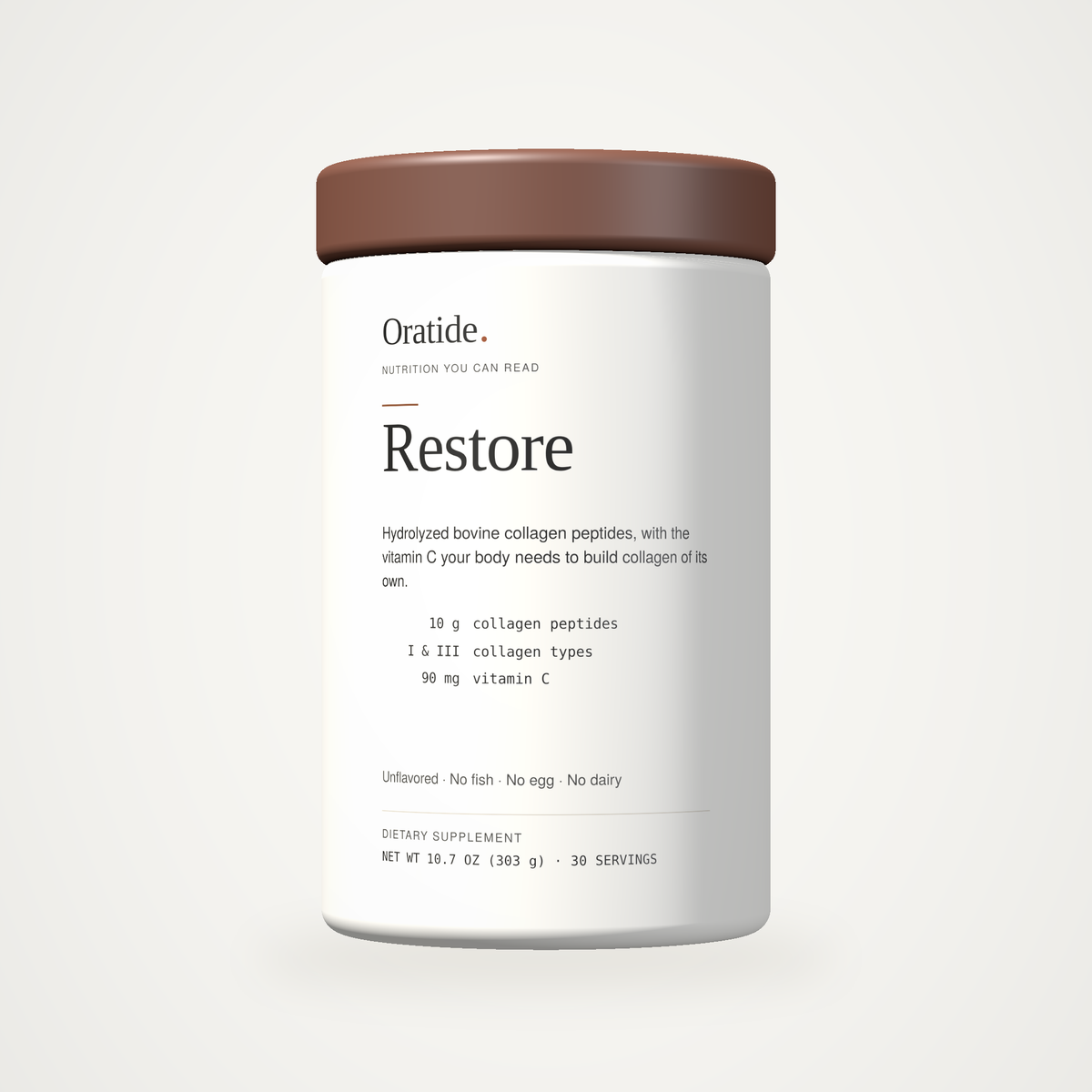 Oratide Restore, a cream 303 g tub with a dark brown lid, shown square-on against a plain cream background.