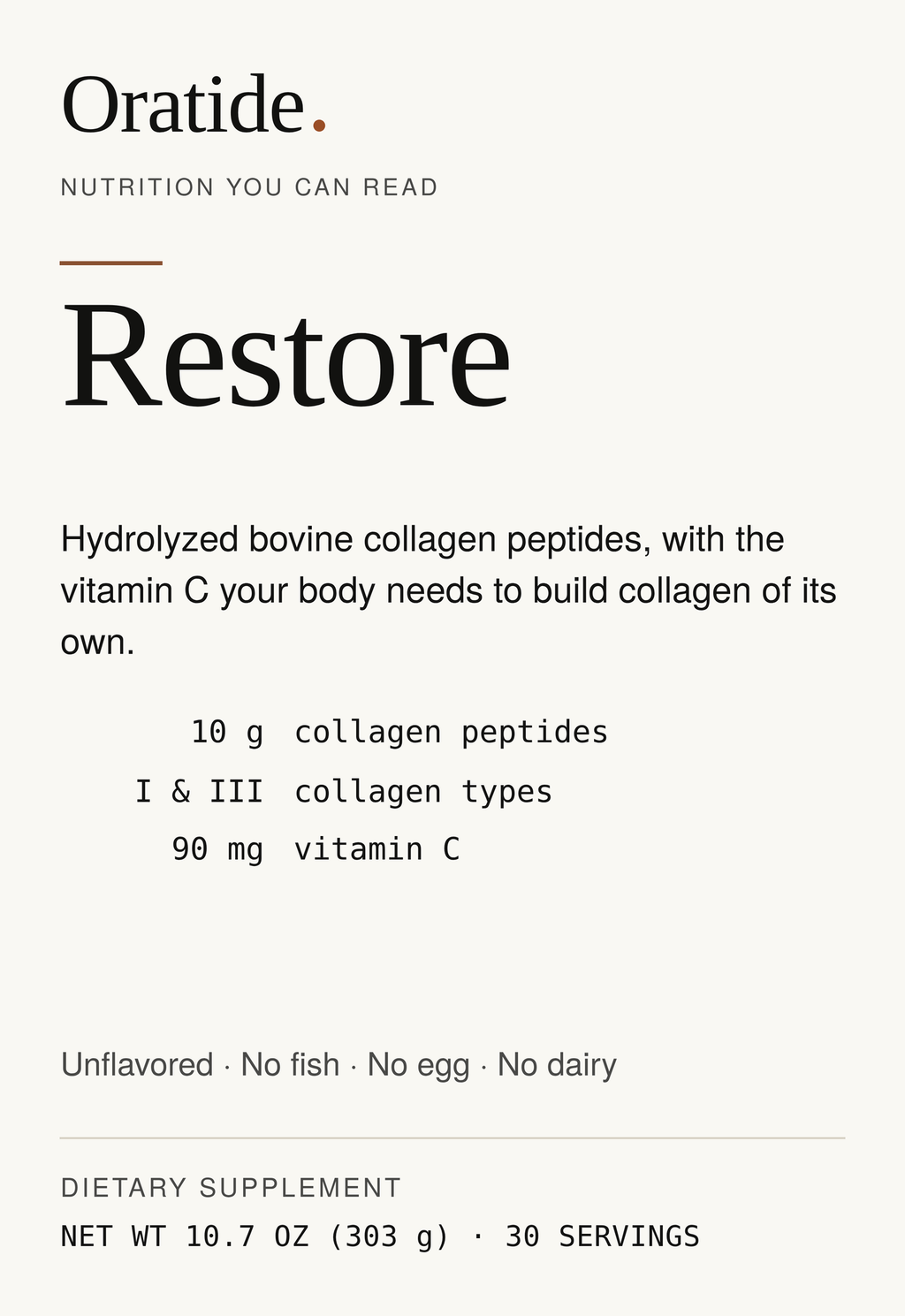 Front label of Oratide Restore, listing 10 g collagen peptides, types I and III, and 90 mg vitamin C. Unflavored, no fish, no egg, no dairy. Net wt 10.7 oz (303 g), 30 servings.