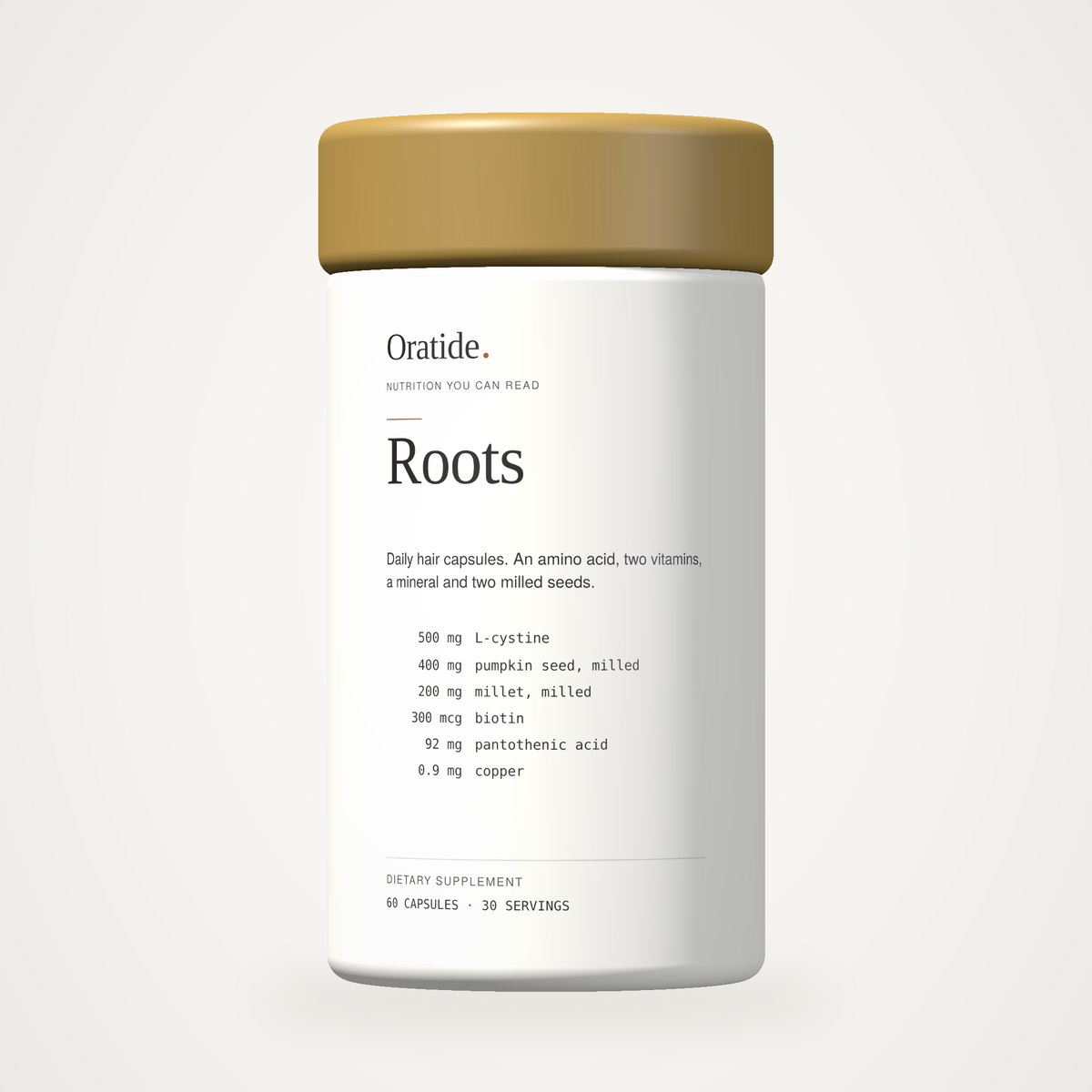 Oratide Roots, a white 60-capsule bottle with a brass cap, shown square-on against a plain cream background.