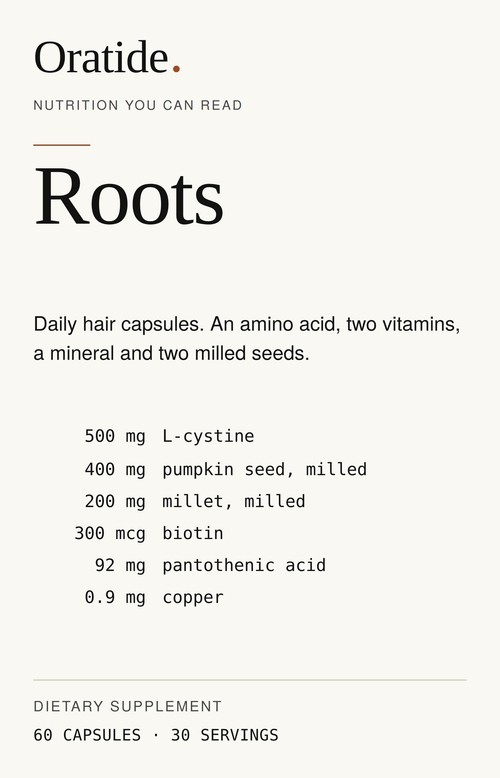 Front label of Oratide Roots, listing 500 mg L-cystine, 400 mg milled pumpkin seed, 200 mg milled millet, 300 mcg biotin, 92 mg pantothenic acid and 0.9 mg copper. 60 capsules, 30 servings.