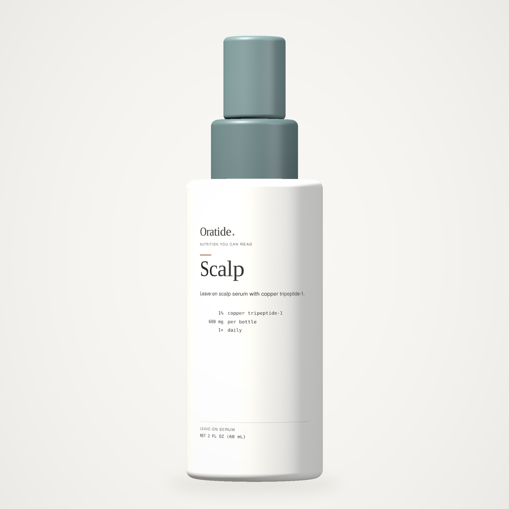 Oratide Scalp, a white 60 mL bottle with a teal applicator top, shown square-on against a plain cream background.