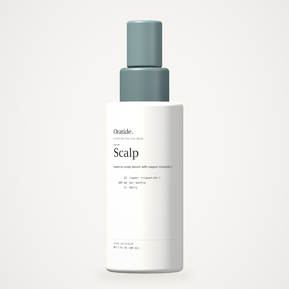 Oratide Scalp, a white 60 mL bottle with a teal applicator top, shown square-on against a plain cream background.