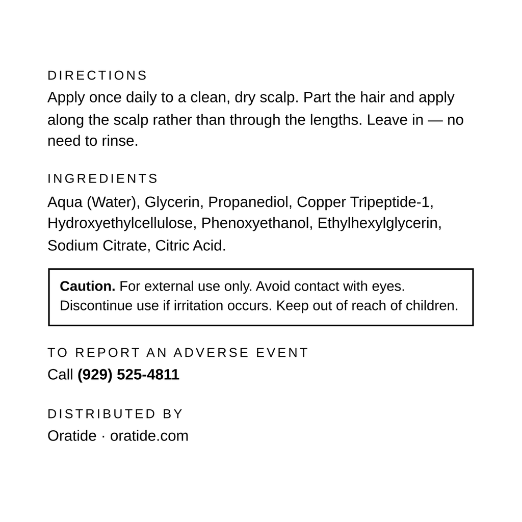 Information panel for Oratide Scalp, showing directions for use, the ingredient list beginning with water, glycerin and propanediol, a caution for external use only, and the phone number for reporting an adverse event.