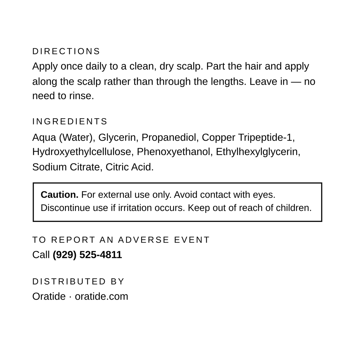 Information panel for Oratide Scalp, showing directions for use, the ingredient list beginning with water, glycerin and propanediol, a caution for external use only, and the phone number for reporting an adverse event.