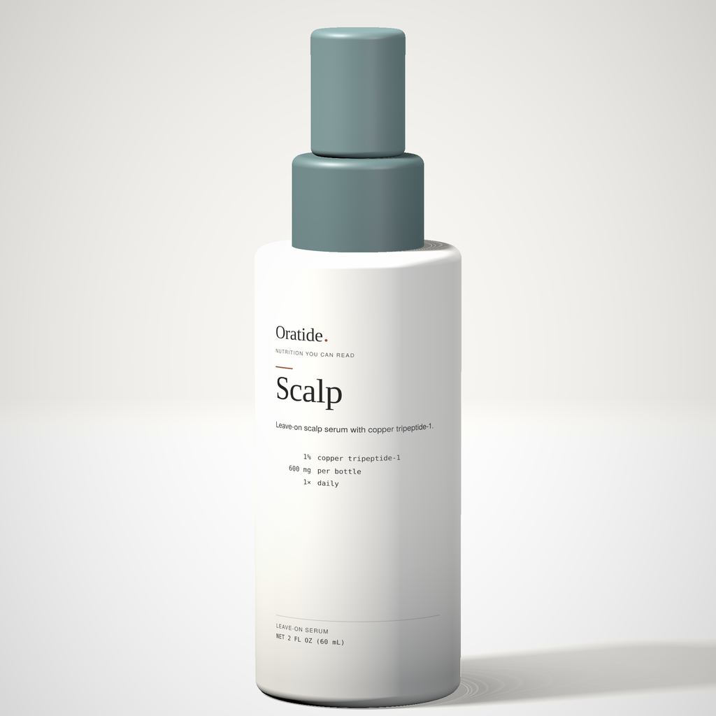 Oratide Scalp, a white 60 mL bottle with a teal applicator top, turned slightly and lit from the left on a pale surface.