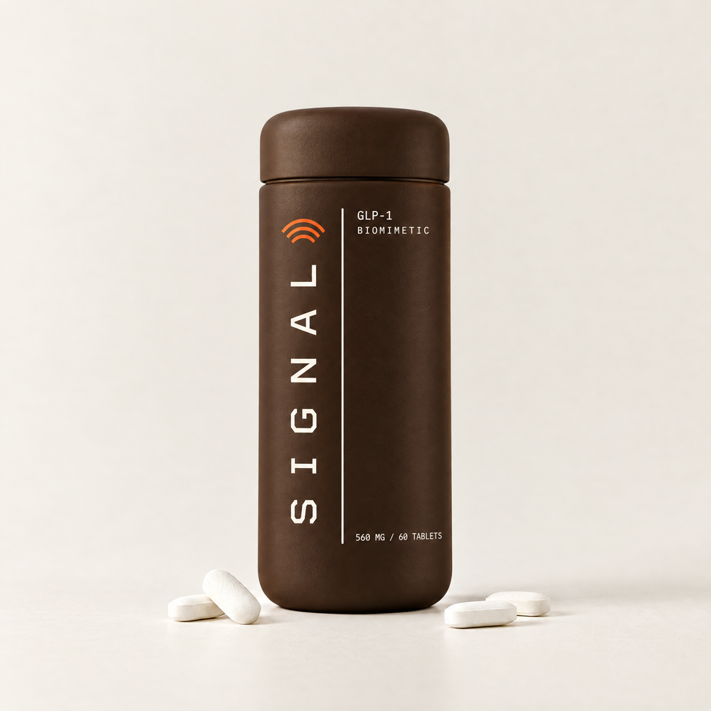 Oratide Signal: a matte espresso-brown bottle with SIGNAL printed vertically. 60 tablets, 560 mg yeast peptide per serving.