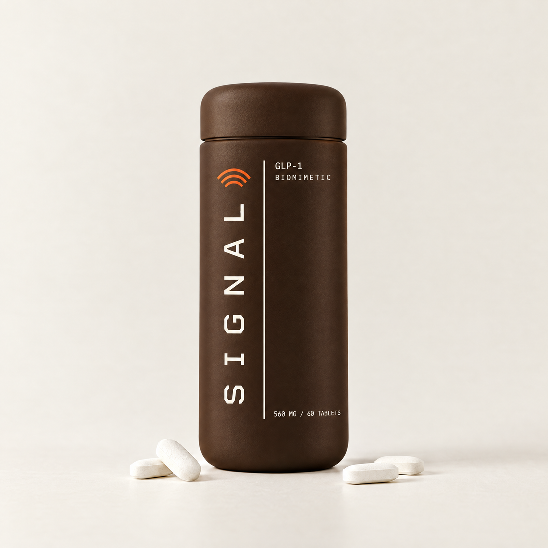 Oratide Signal: a matte espresso-brown bottle with SIGNAL printed vertically. 60 tablets, 560 mg yeast peptide per serving.