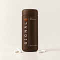 Oratide Signal: a matte espresso-brown bottle with SIGNAL printed vertically. 60 tablets, 560 mg yeast peptide per serving.