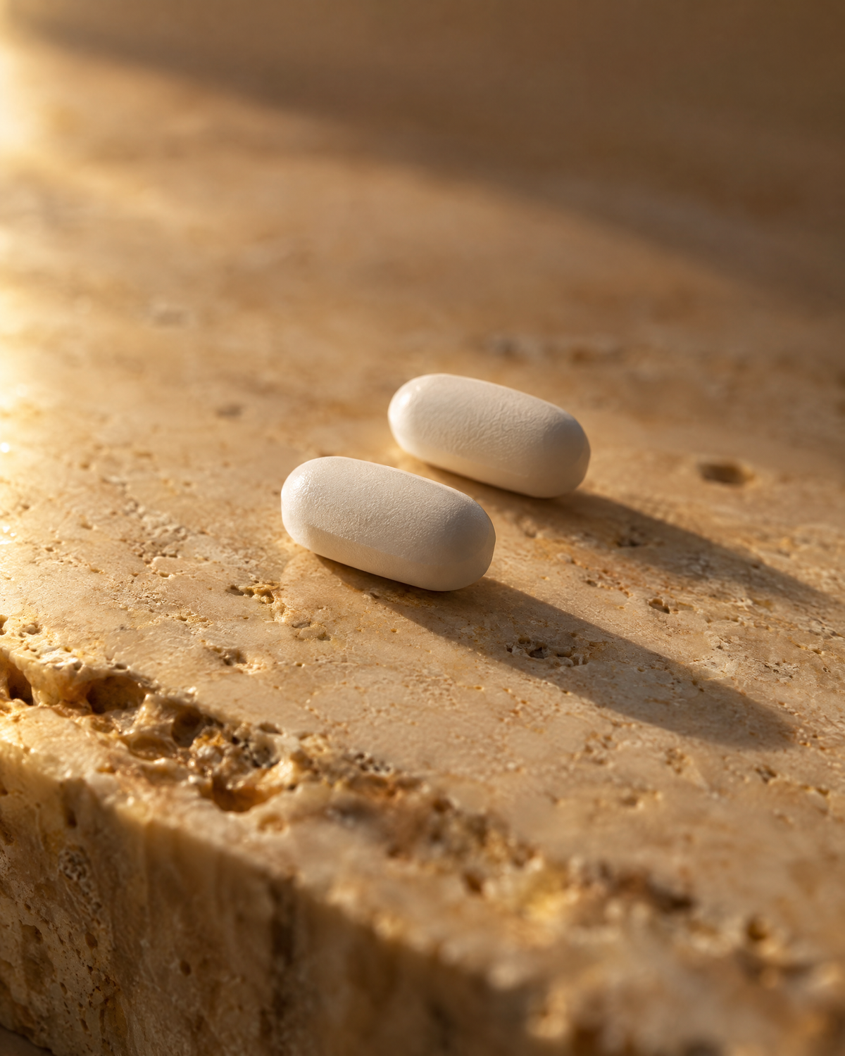 Two white oblong Signal tablets on warm stone