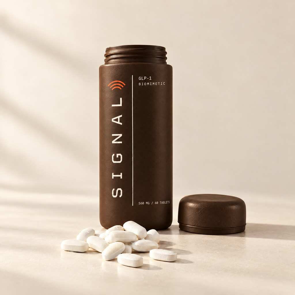 A bottle of Oratide Signal with its cap off and white oblong tablets beside it